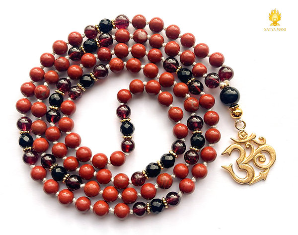Karma-Mala aus rotem Jaspis, Granat und Onyx